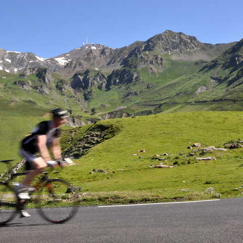 Rider climbing in Pyrenees